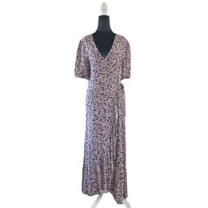 Prairie Wrap Dress Midi Floral V Neck Cottage Coquette Pink Asymmetrical Medium